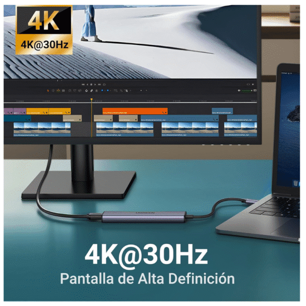 UGREEN USB C Hub, 5 en 1 Adaptador USB C Multipuerto Aluminio a 4K 30Hz HDMI, 1 USB 3.0 y 2 USB 2.0, PD Carga Compatible con MacBook - Imagen 3