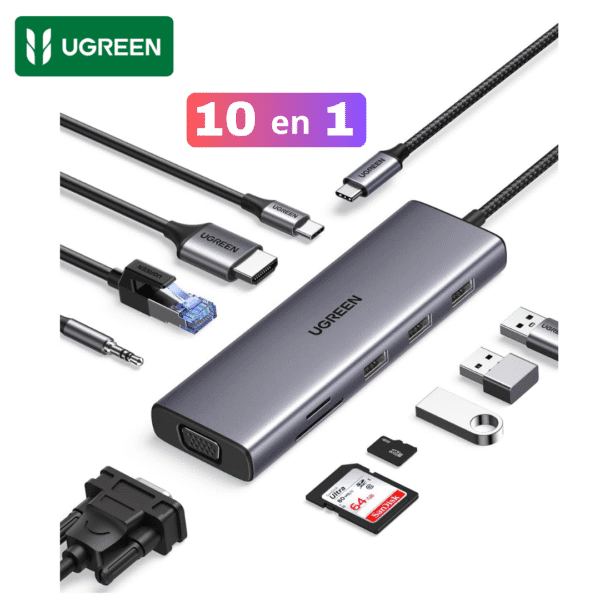 UGREEN Hub Tipo C 10 en 1 Adaptador a Monitor Doble 4K HDMI y VGA, RED RJ45, 3 USB 3.0, Lector Tarjeta SD TF, 3.5mm Audio Jack